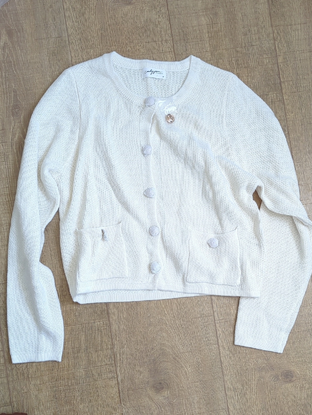 Carly Jean Los Angeles Eloise Cream Crewneck Cardigan With Gold Brass Buttons